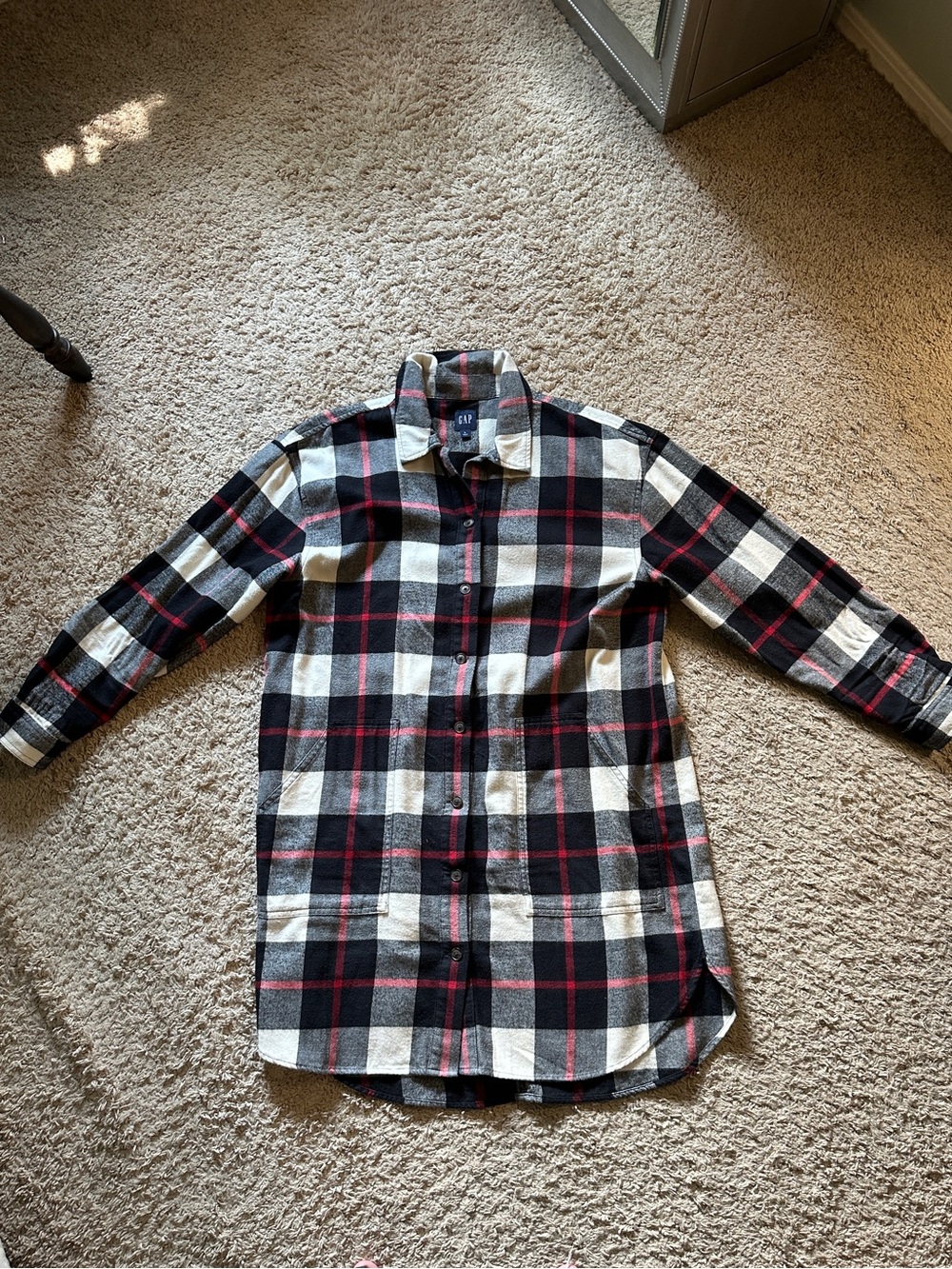 GAP Black, White & Red Plaid Long-Sleeve Button-Down Flannel Shirt Dress